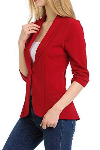 MINEFREE Women's 3/4 Ruched Sleeve Lightweight Work Office Blazer Jacket Ruby S - Image 3