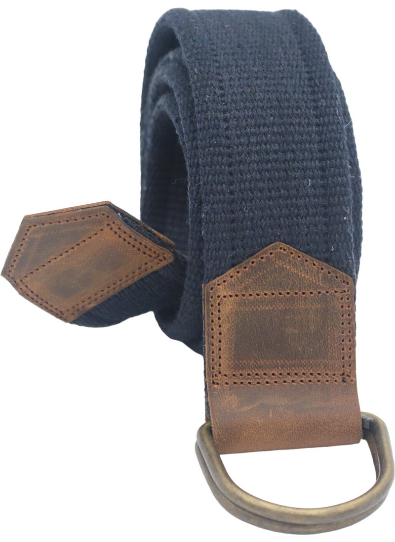 Anatolia Craft Unisex Leather D Buckle Black Ring Woven Navy Blue Tactical Sport Canvas Denim Belt For Men Women Girls Teenager  - Image 1