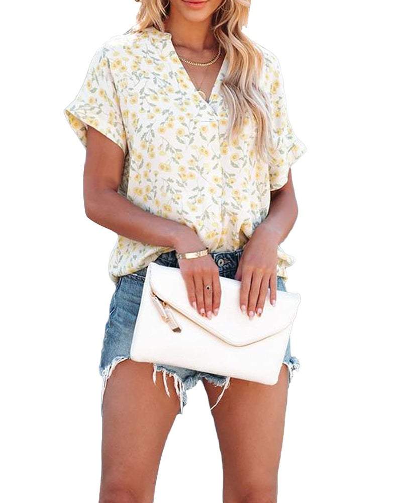 Allimy Women Summer Clothes Short Sleeve Floral Tops And Blouses V Neck Shirts Tunics XL - Image 2