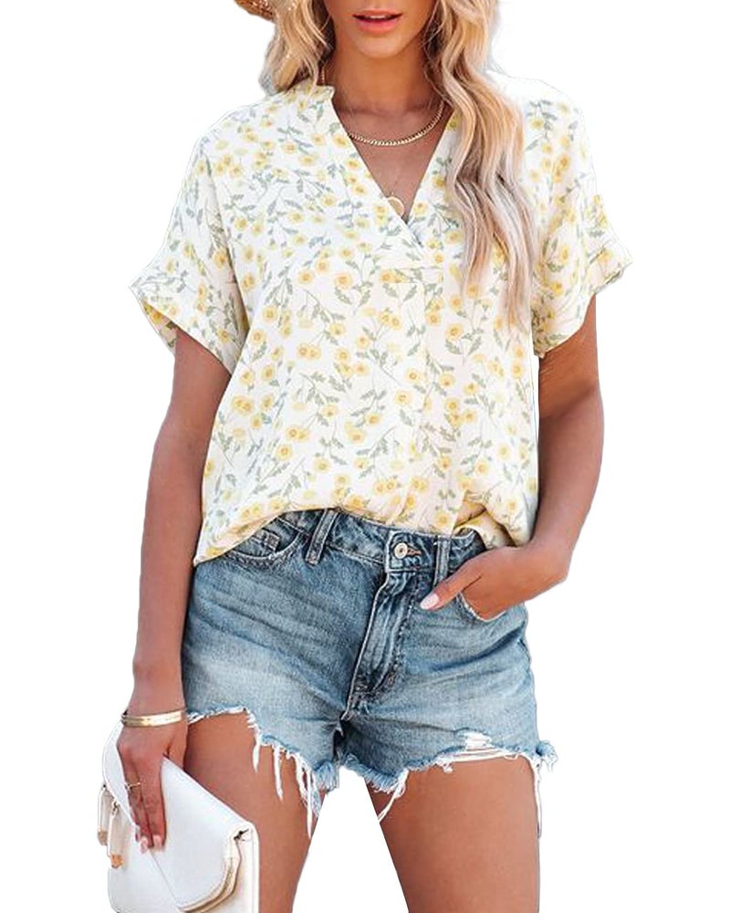 Allimy Women Summer Clothes Short Sleeve Floral Tops And Blouses V Neck Shirts Tunics XL - Image 4