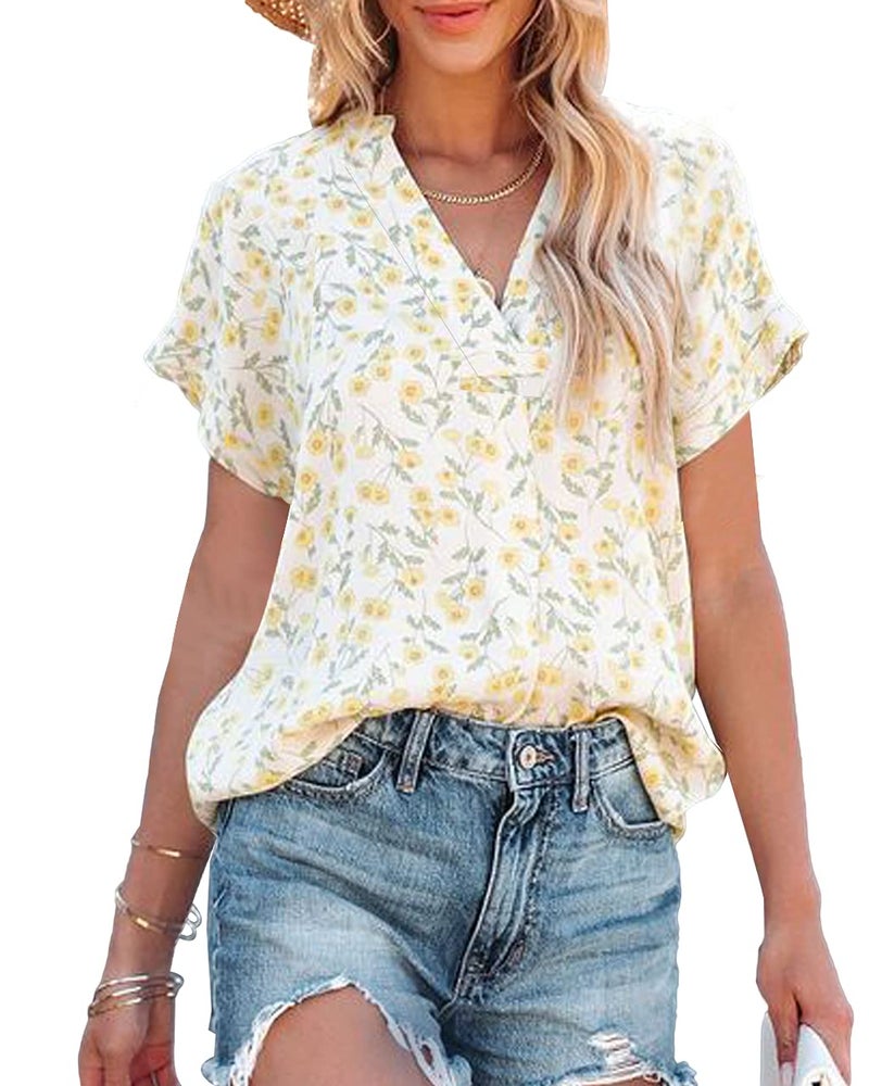 Allimy Women Summer Clothes Short Sleeve Floral Tops And Blouses V Neck Shirts Tunics XL - Image 1
