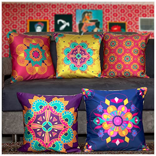 Vendola Decorative Satin 250TC Sofa Cushion Pillow Covers, Multicolor, Set of 5 Ethnic Cushion Covers(Amber,16x16 Inches with Fillers) - Image 1