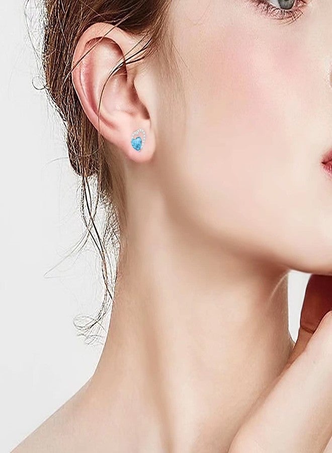 Qings December Turquoise Birthstone Stud Earrings Blue Topaz Tanzanite Cubic Zirconia 925 Sterling Silver Platinum Plated Double Heart Hollow Present for Mother Mom - Image 5