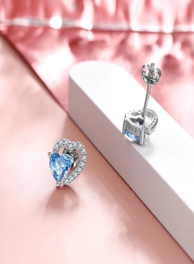 Qings December Turquoise Birthstone Stud Earrings Blue Topaz Tanzanite Cubic Zirconia 925 Sterling Silver Platinum Plated Double Heart Hollow Present for Mother Mom - Image 2