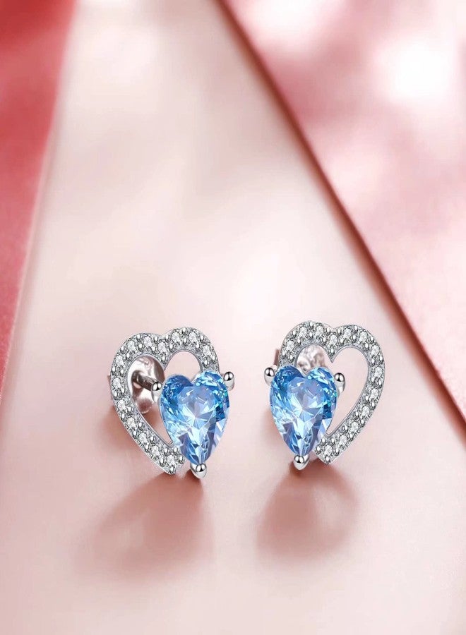 Qings December Turquoise Birthstone Stud Earrings Blue Topaz Tanzanite Cubic Zirconia 925 Sterling Silver Platinum Plated Double Heart Hollow Present for Mother Mom - Image 3