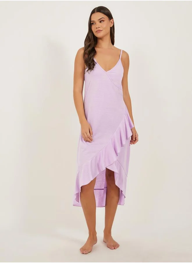 ستايلي Ruffled Hem Strappy V-Neck Slip Dress