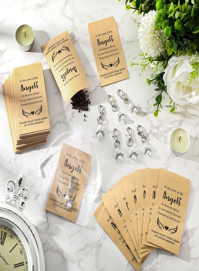 Chivertion 50 Sets Funeral Favors for Guests 50 Angel Keychain Pearl Keychains 50 Memorial Seed Packets Small Envelopes and Organza Bags Celebration of Life Favors Loss of Loved One, No Seed - Image 4