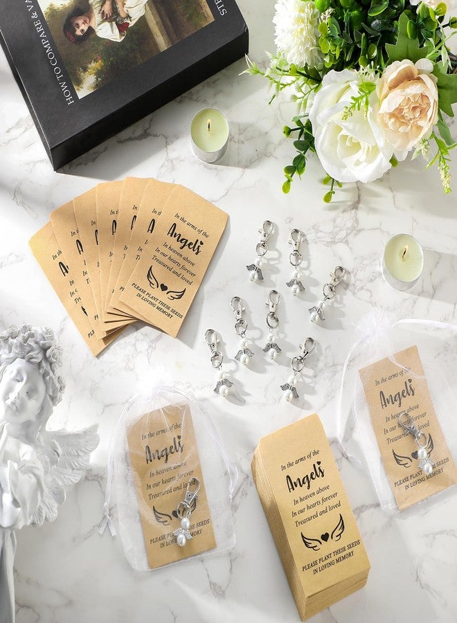 Chivertion 50 Sets Funeral Favors for Guests 50 Angel Keychain Pearl Keychains 50 Memorial Seed Packets Small Envelopes and Organza Bags Celebration of Life Favors Loss of Loved One, No Seed - Image 5