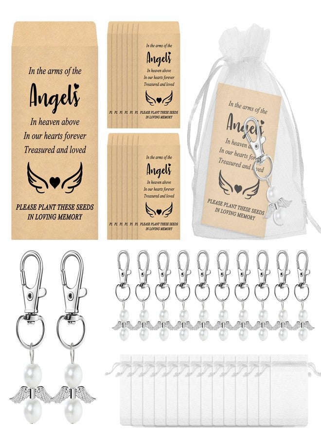 Chivertion 50 Sets Funeral Favors for Guests 50 Angel Keychain Pearl Keychains 50 Memorial Seed Packets Small Envelopes and Organza Bags Celebration of Life Favors Loss of Loved One, No Seed - Image 1