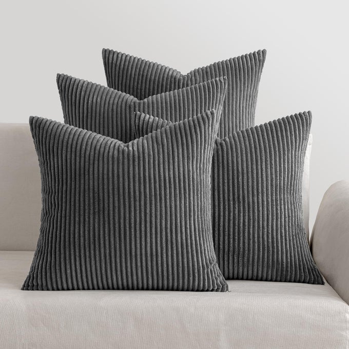 SET OF 4 CORDUROY CUSHION COVERS SOFT DECORATIVE SQUARE THROW PILLOW COVERS FOR CUSHION SOFT PILLOWCASE STRIPED CORDUROY CUSHION COVERS PACK OF FOUR FOR HOME DECOR SOFA 20X20INCH DARK GREY