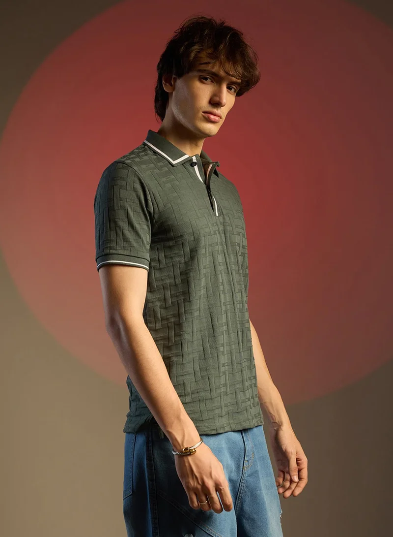 كامبوس سوترا Men's Juniper Green Weave-Textured Polo T-Shirt
