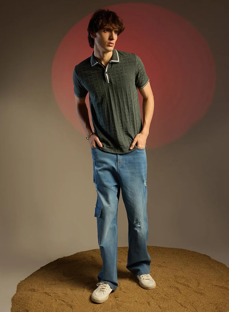 كامبوس سوترا Men's Juniper Green Weave-Textured Polo T-Shirt