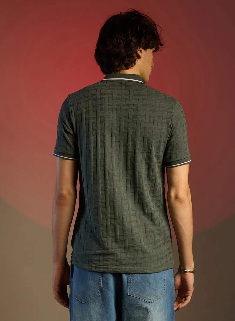 كامبوس سوترا Men's Juniper Green Weave-Textured Polo T-Shirt