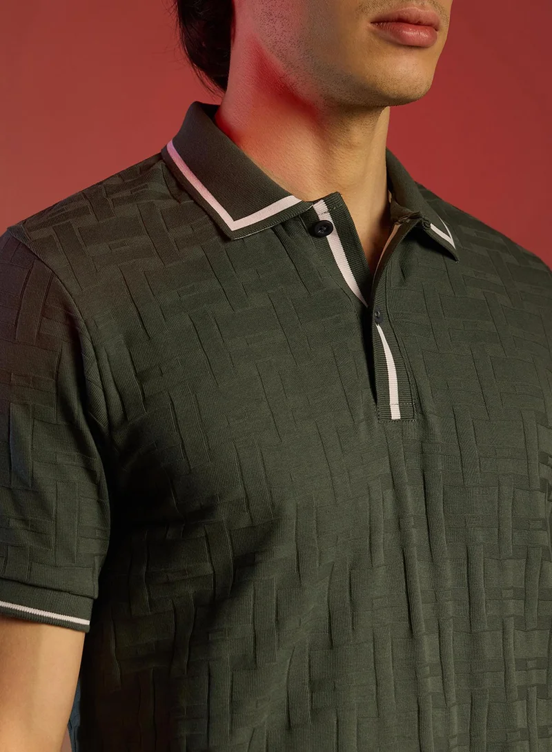 كامبوس سوترا Men's Juniper Green Weave-Textured Polo T-Shirt