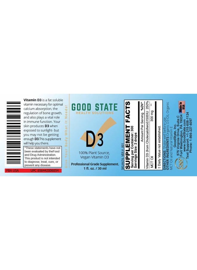 Good State Vegan Vitamin D3 by Good State | 100% Plant Sourced from Algae | Vegan Professional Grade Supplement | 1 Fluid Ounce Glass Bottle | 300 Servings  - Image 4