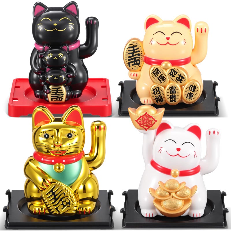 Wovnet 4 Pcs 2" Lucky Cat Waving Arm Maneki Neko Solar Lucky Cat Feng Shui Fortune Wealth Chinese Welcoming Window Car Dashboard Car Decor(Trendy) - Image 1
