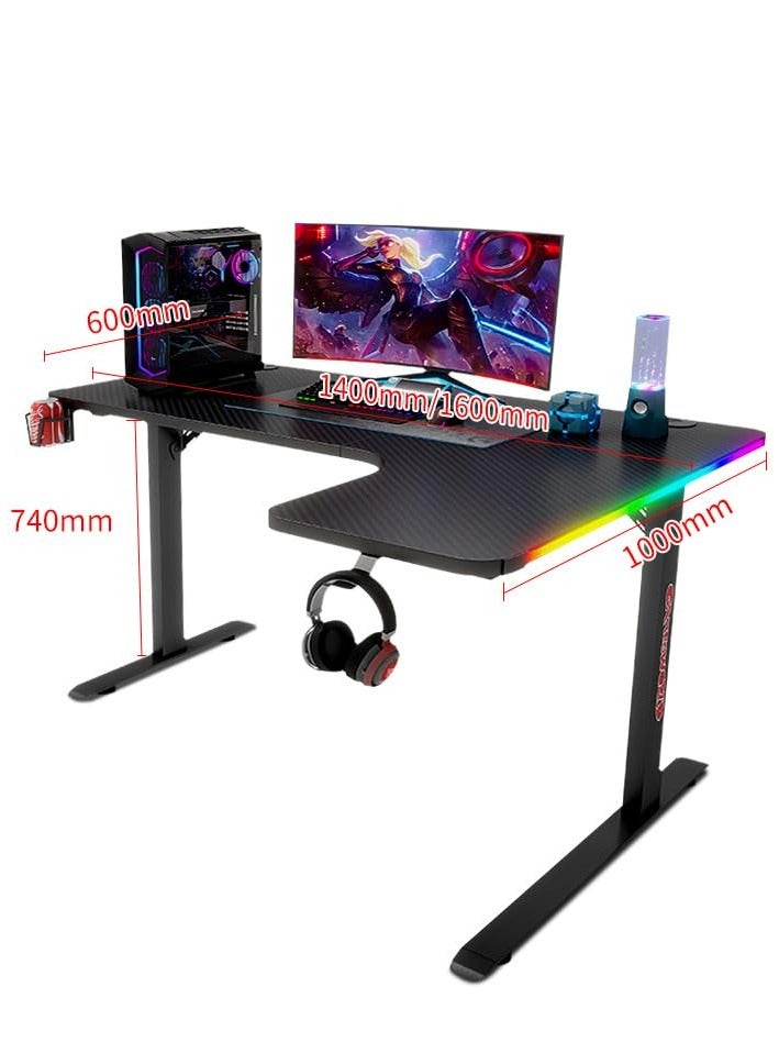 L Shaped Gaming Desk with Cup Holder Headphone Hook Ergonomic Home Office Computer Desk Gamer Table with RGB Lights Gaming 140x60x74 cm