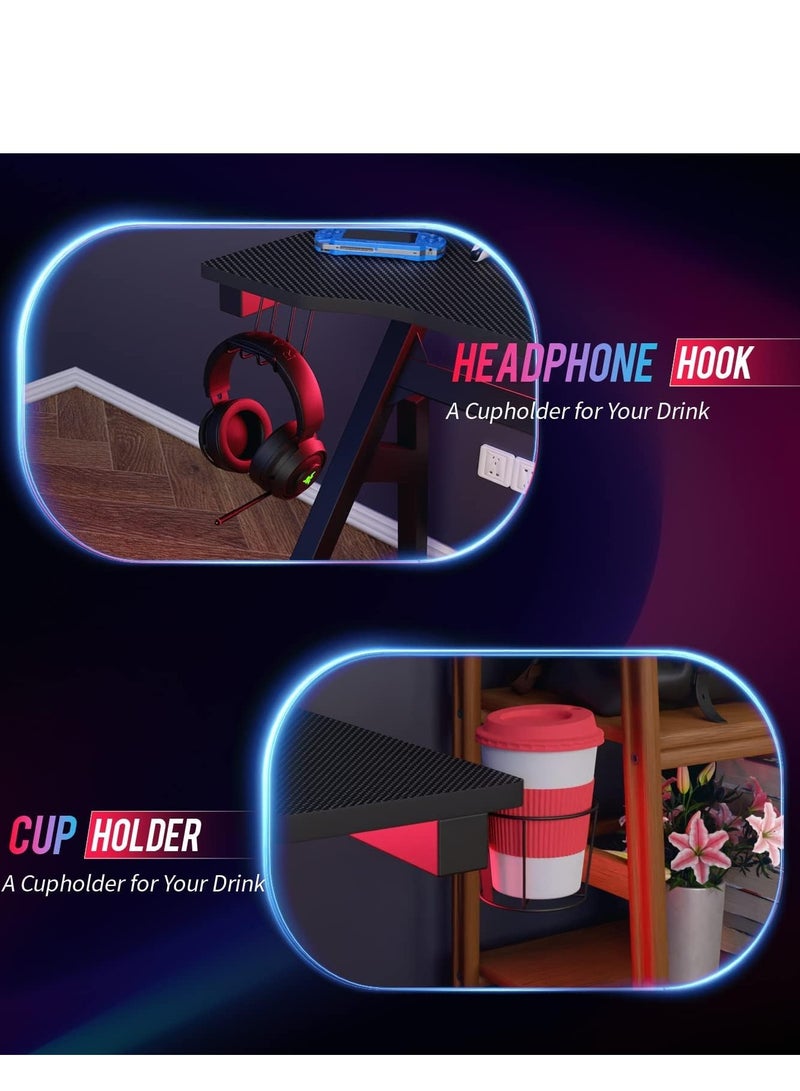 L Shaped Gaming Desk with Cup Holder Headphone Hook Ergonomic Home Office Computer Desk Gamer Table with RGB Lights Gaming 140x60x74 cm