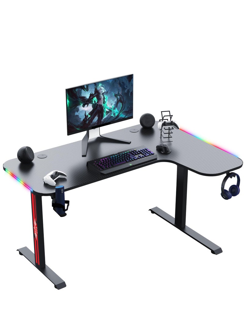 L Shaped Gaming Desk with Cup Holder Headphone Hook Ergonomic Home Office Computer Desk Gamer Table with RGB Lights Gaming 140x60x74 cm