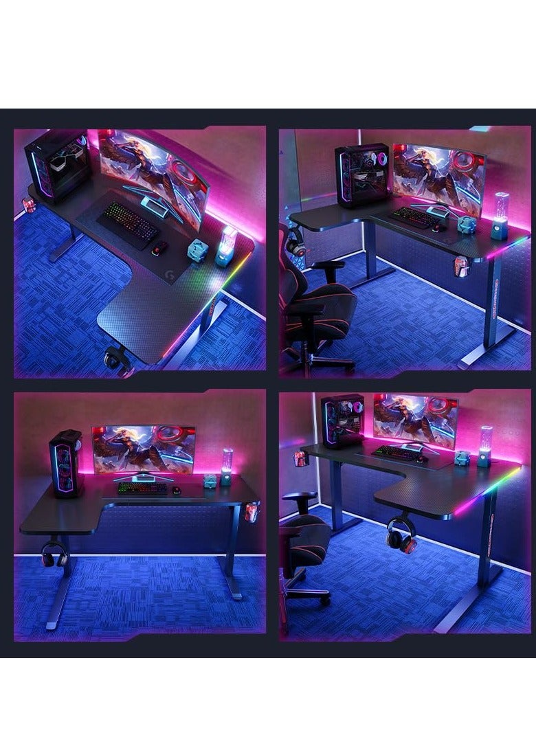 L Shaped Gaming Desk with Cup Holder Headphone Hook Ergonomic Home Office Computer Desk Gamer Table with RGB Lights Gaming 140x60x74 cm