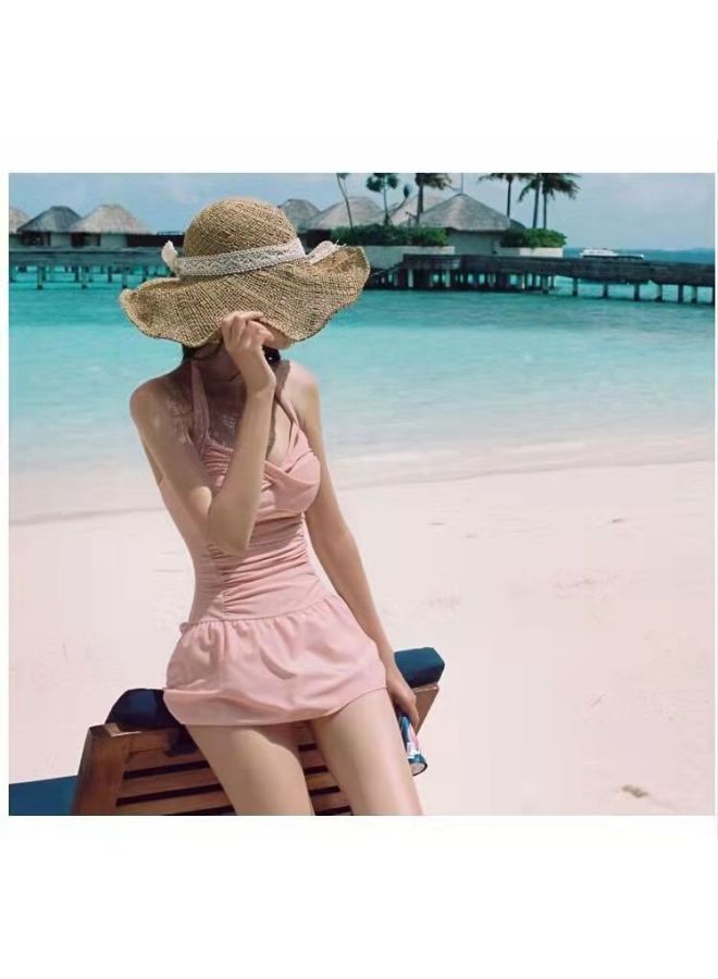 Loquat Swimwear Women's One-piece Skirt Style Small Chest Fresh Gathering Large Size Conservative Slim Belly Covering Hot Spring-Color:Rubber Powder- - Image 4