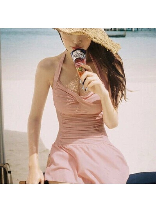 Loquat Swimwear Women's One-piece Skirt Style Small Chest Fresh Gathering Large Size Conservative Slim Belly Covering Hot Spring-Color:Rubber Powder- - Image 2