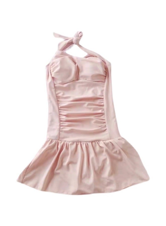 Loquat Swimwear Women's One-piece Skirt Style Small Chest Fresh Gathering Large Size Conservative Slim Belly Covering Hot Spring-Color:Rubber Powder- - Image 5