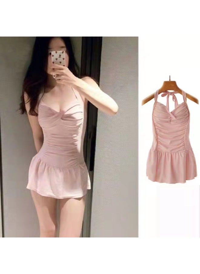 Loquat Swimwear Women's One-piece Skirt Style Small Chest Fresh Gathering Large Size Conservative Slim Belly Covering Hot Spring-Color:Rubber Powder- - Image 1