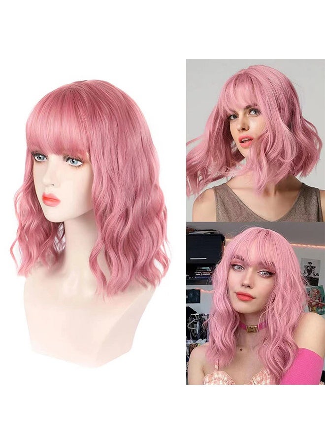Generic Pastel Wavy Wig with Air Bangs Women's Short Bob Pink Wig Curly Wavy Shoulder Length Pastel Bob Synthetic Cosplay Wig for Girl Colorful Costume Wigs(Pink) - Image 1