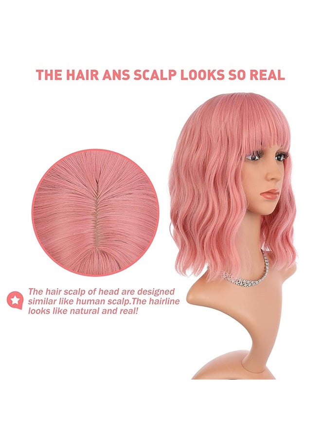 Generic Pastel Wavy Wig with Air Bangs Women's Short Bob Pink Wig Curly Wavy Shoulder Length Pastel Bob Synthetic Cosplay Wig for Girl Colorful Costume Wigs(Pink) - Image 4