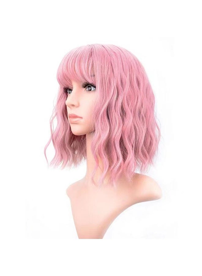 Generic Pastel Wavy Wig with Air Bangs Women's Short Bob Pink Wig Curly Wavy Shoulder Length Pastel Bob Synthetic Cosplay Wig for Girl Colorful Costume Wigs(Pink) - Image 2