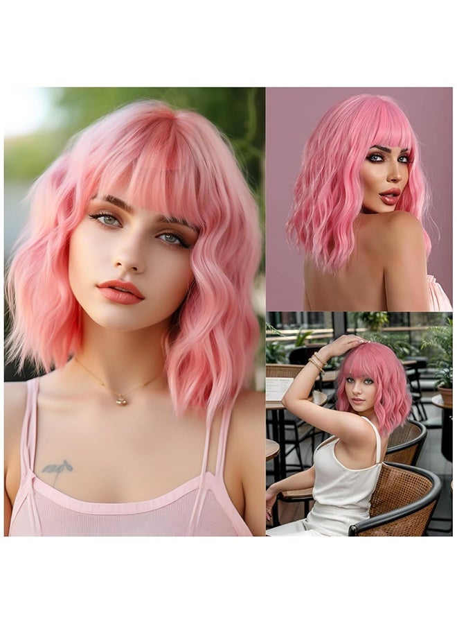 Generic Pastel Wavy Wig with Air Bangs Women's Short Bob Pink Wig Curly Wavy Shoulder Length Pastel Bob Synthetic Cosplay Wig for Girl Colorful Costume Wigs(Pink) - Image 3