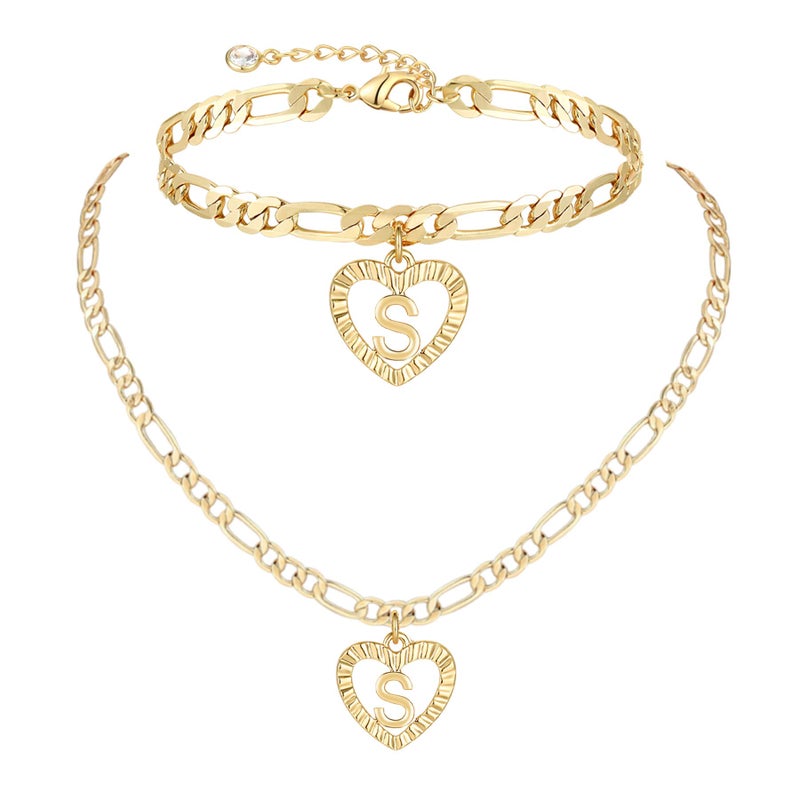 YANODA Gold Initial Pendant Necklace Anklet Bracelet for Women 14K Gold Plated Figaro Chain Letter Initial Heart Necklace Anklets Alphabet Foot Jewelry Personalized Jewelry for Women S - Image 1