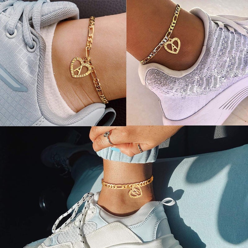YANODA Gold Initial Pendant Necklace Anklet Bracelet for Women 14K Gold Plated Figaro Chain Letter Initial Heart Necklace Anklets Alphabet Foot Jewelry Personalized Jewelry for Women S - Image 3