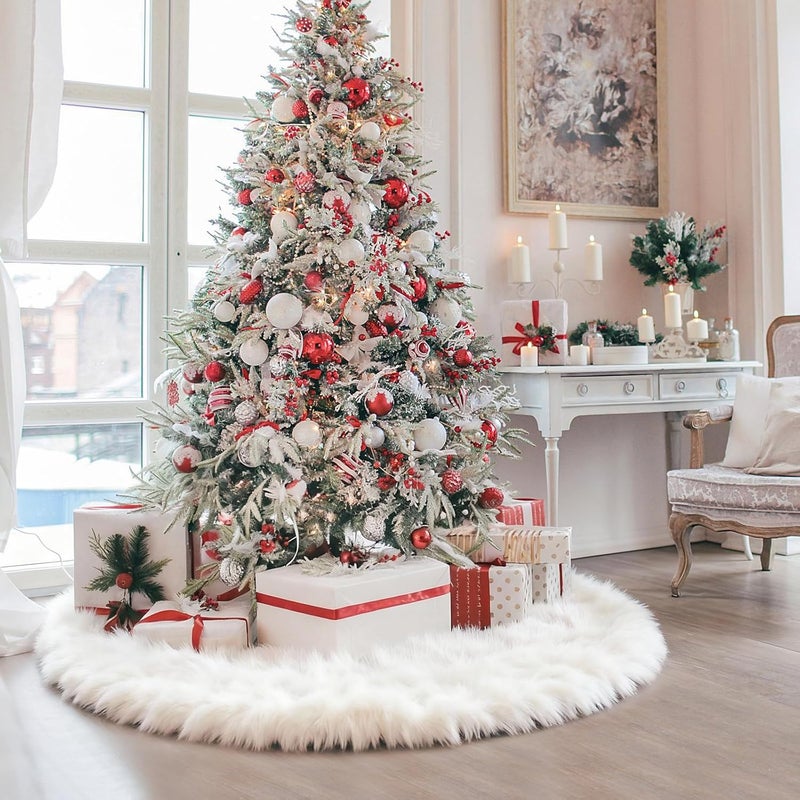iMucci Christmas Tree Skirt 2025 Update 36 inch Wool Fur White Tree Skirt Small Snowy White Plush Velvet Tree Skirt Party Christmas Tree Decoration - Image 3