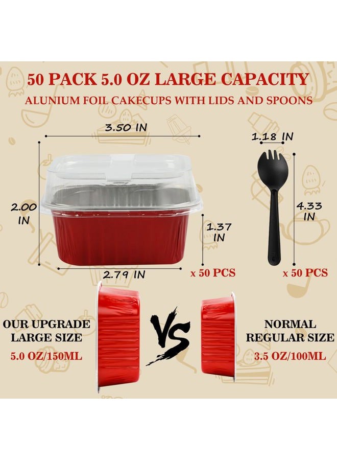 BAKINGPAK 50PCS 5OZ Square Disposable Aluminum Foil Ramekins Mini Cake Pans with Lids for Birthday Children Party, Red - Image 2