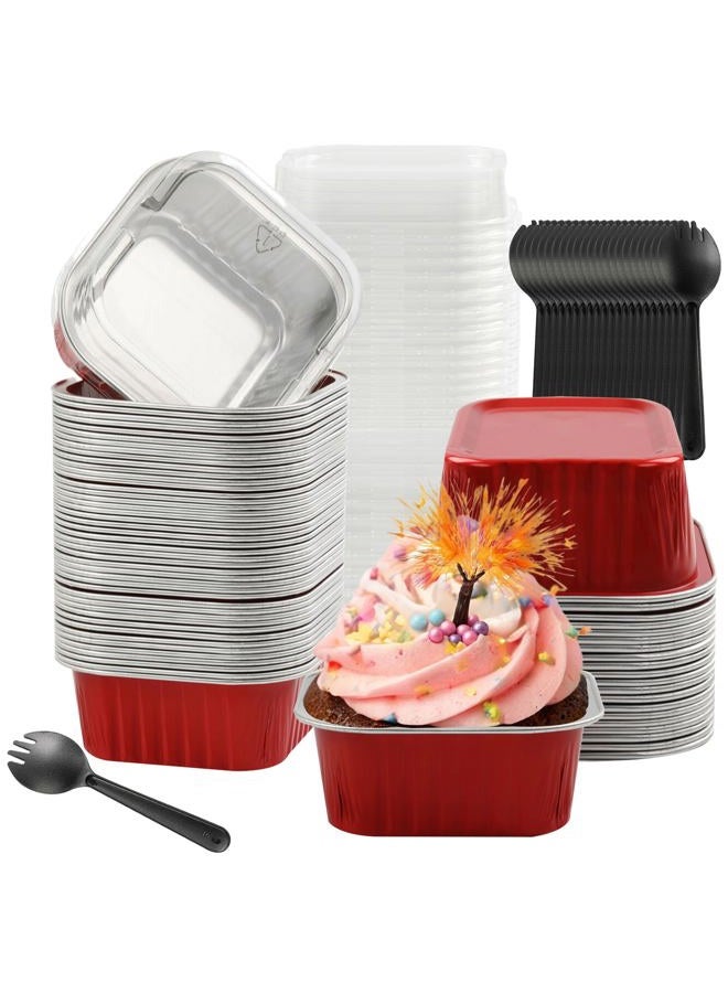 BAKINGPAK 50PCS 5OZ Square Disposable Aluminum Foil Ramekins Mini Cake Pans with Lids for Birthday Children Party, Red - Image 1