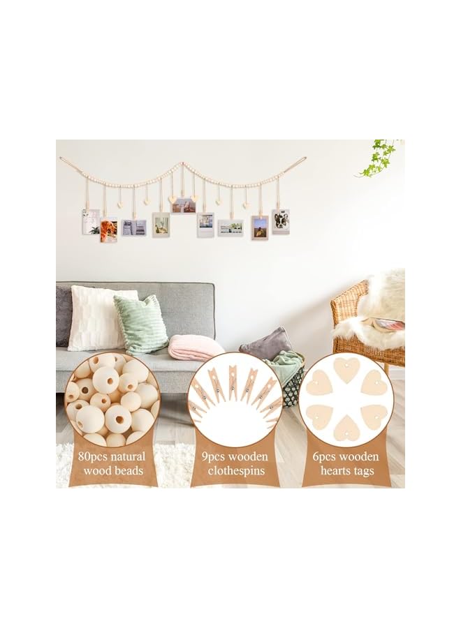 The Bros Hanging Photo Display Room Wall Decor, Boho Collage Picture Frame Christmas Cards Holder, Photo Hanger with 9 Wood Clips and 6 Wooden Hearts Tags for Home, Bedroom, Office, Nursery, Dorm Decor  - Image 2