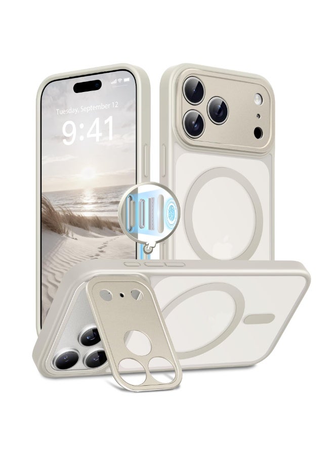 جولبينبوكس جراب آيفون 17 برو ماكس مع حامل، متوافق مع MagSafe، مزوّد بوظيفة التحكم بالكاميرا وحماية عسكرية من السقوط، غطاء نحيف مقاوم للصدمات بملمس مطفي شبه شفاف لهاتف آيفون 17 برو ماكس مقاس 6.9 بوصة، لون ستون - Image 1