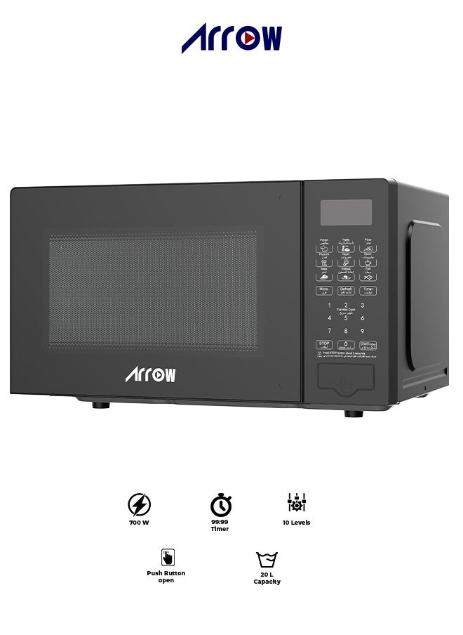 Arrow 20L Digital Microwave Oven, 700W | 10 Microwave Power Levels | Membrane Control | 99:99 Minute Timer | Defrost Function | Cooking End Signal | Stylish Black Design | Easy Push-Button Door | Model Name: RO-20MWBD  - Image 1