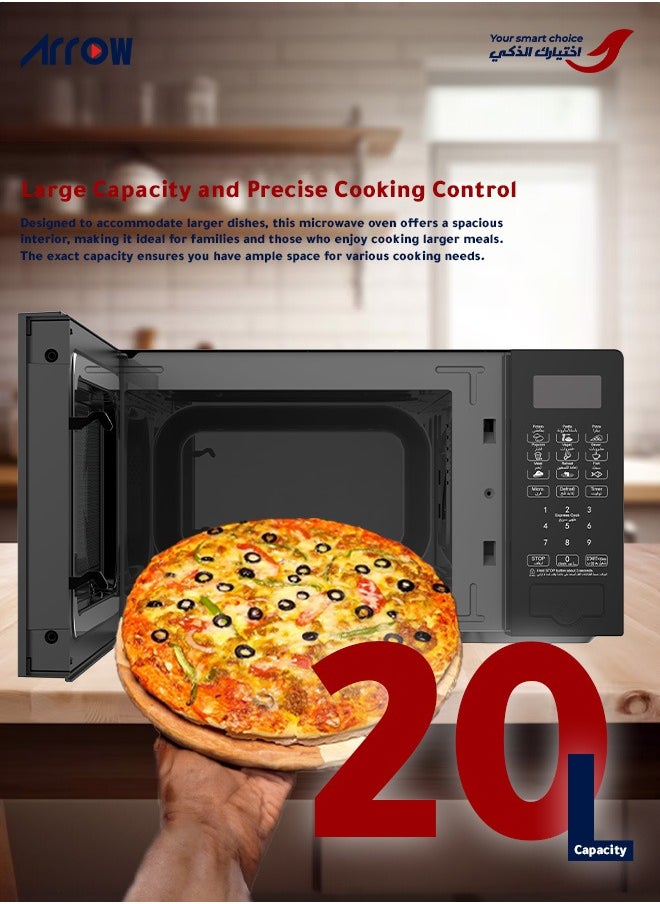 Arrow 20L Digital Microwave Oven, 700W | 10 Microwave Power Levels | Membrane Control | 99:99 Minute Timer | Defrost Function | Cooking End Signal | Stylish Black Design | Easy Push-Button Door | Model Name: RO-20MWBD  - Image 2