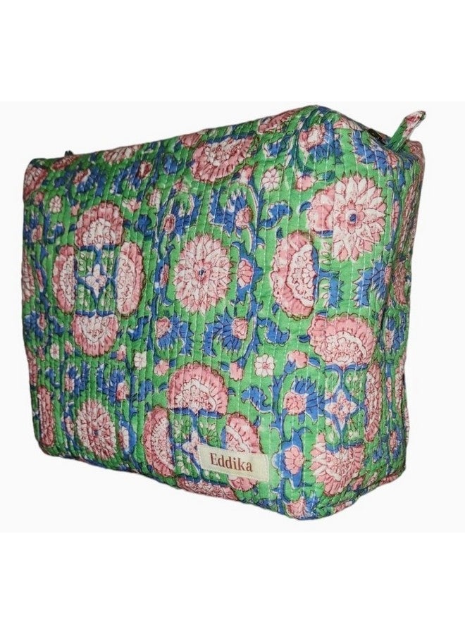 Eddika Quilted Cotton Hand Block Printed Multipurpose Extra Large Cosmetic Bags for Storage, Travel Kit, Makeup Pouches,Toiletry Bag(l×b×h 9.5 ×5×8.5inches) eeltpcb02 - Image 1