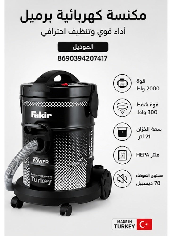 Fakir Turkish 21L Drum Vacuum Cleaner – 2200W High Suction Power – Black color – Model 41003831 - Image 1