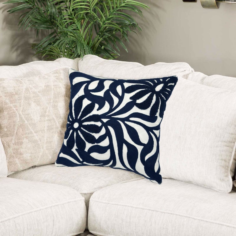 Alysheer Farmhouse Floral Leaves Embroidered Decorative Throw Pillow Cover 18x18 inches, Boho Tufted Flowers Embroidery Pattern Chic Cotton Cushion Case for Couch Bed Sofa Living Room(Navy Blue) - Image 2