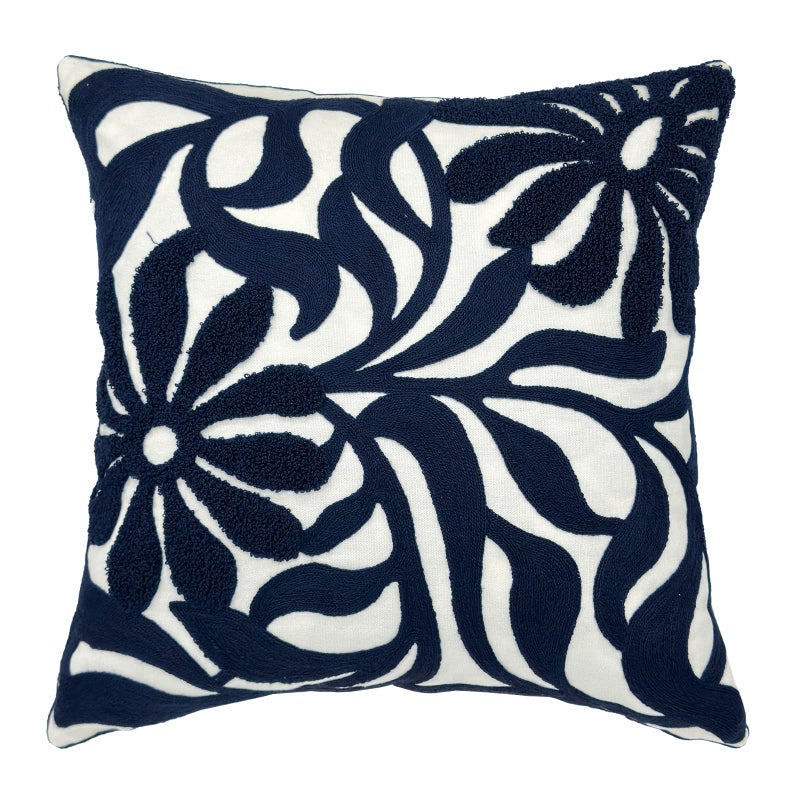 Alysheer Farmhouse Floral Leaves Embroidered Decorative Throw Pillow Cover 18x18 inches, Boho Tufted Flowers Embroidery Pattern Chic Cotton Cushion Case for Couch Bed Sofa Living Room(Navy Blue) - Image 1