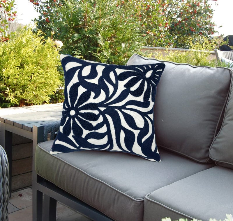 Alysheer Farmhouse Floral Leaves Embroidered Decorative Throw Pillow Cover 18x18 inches, Boho Tufted Flowers Embroidery Pattern Chic Cotton Cushion Case for Couch Bed Sofa Living Room(Navy Blue) - Image 3