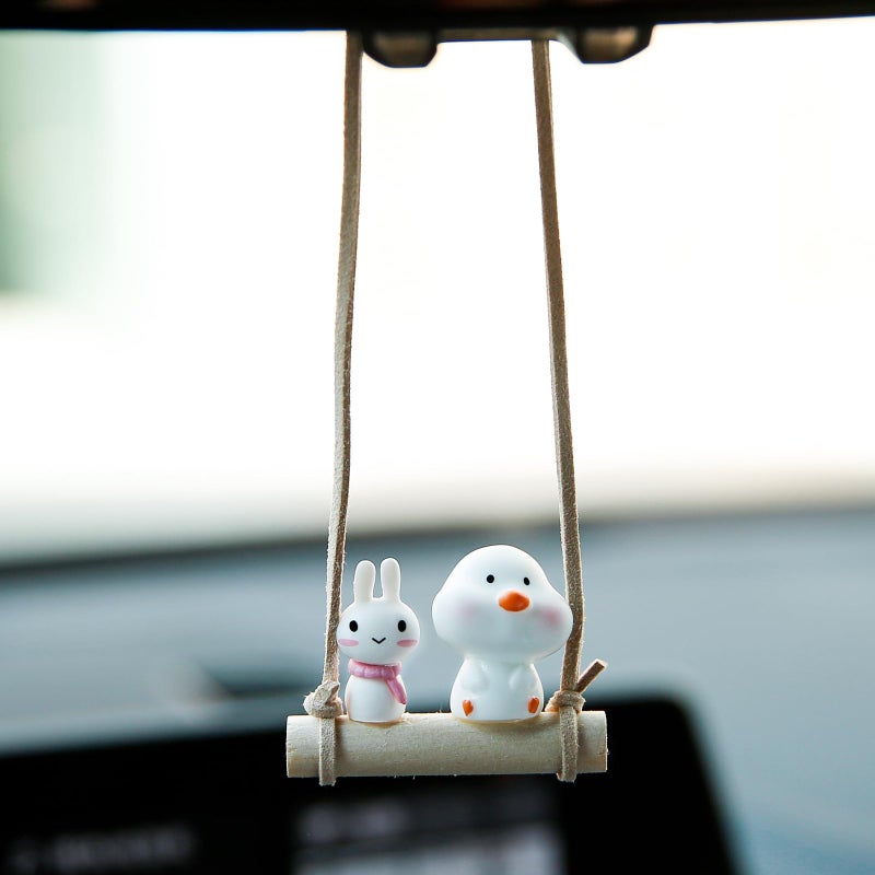 YGMONER Cute Swinging Chick & Bunny Car Rear View Mirror Hanging Accessories Funny Car Interior Decor Gifts for Women Men (Chick and Bunny) - Image 2