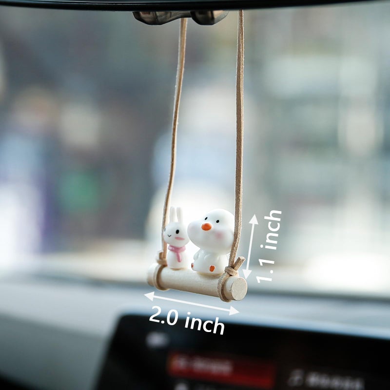 YGMONER Cute Swinging Chick & Bunny Car Rear View Mirror Hanging Accessories Funny Car Interior Decor Gifts for Women Men (Chick and Bunny) - Image 4