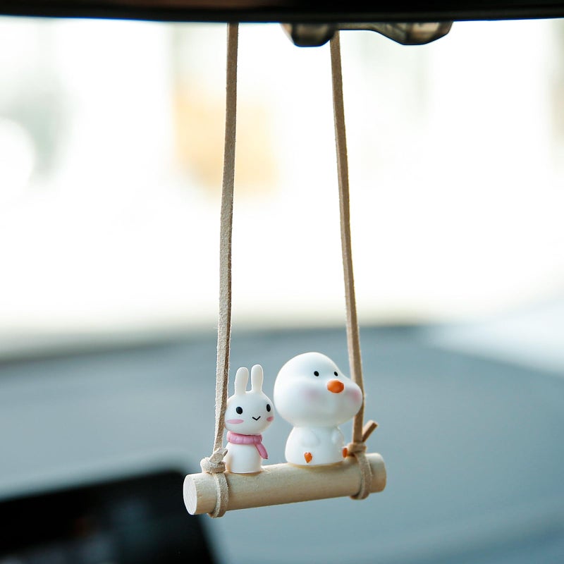 YGMONER Cute Swinging Chick & Bunny Car Rear View Mirror Hanging Accessories Funny Car Interior Decor Gifts for Women Men (Chick and Bunny) - Image 1