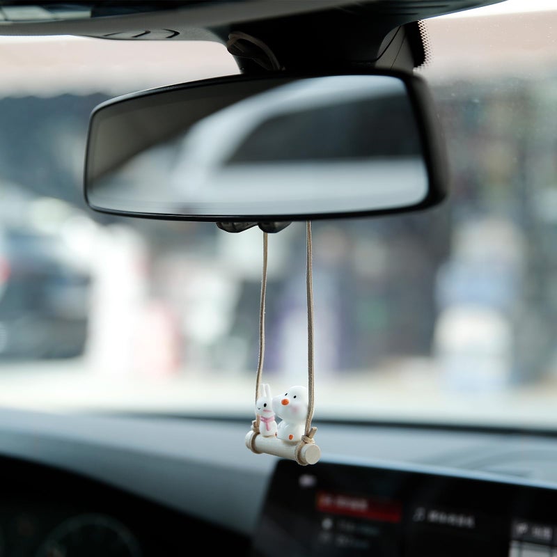 YGMONER Cute Swinging Chick & Bunny Car Rear View Mirror Hanging Accessories Funny Car Interior Decor Gifts for Women Men (Chick and Bunny) - Image 3